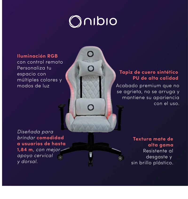 SILLA GAMER NIBIO PRO RGB CON CONTROL REMOTO APOYABRAZOS 2D RECLINABLE BLANCA - 2