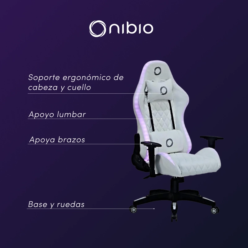 SILLA GAMER NIBIO PRO RGB CON CONTROL REMOTO APOYABRAZOS 2D RECLINABLE BLANCA - 3