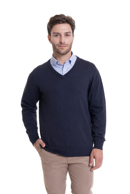 SWEATER CUELLO V MELANGE AZUL - 1