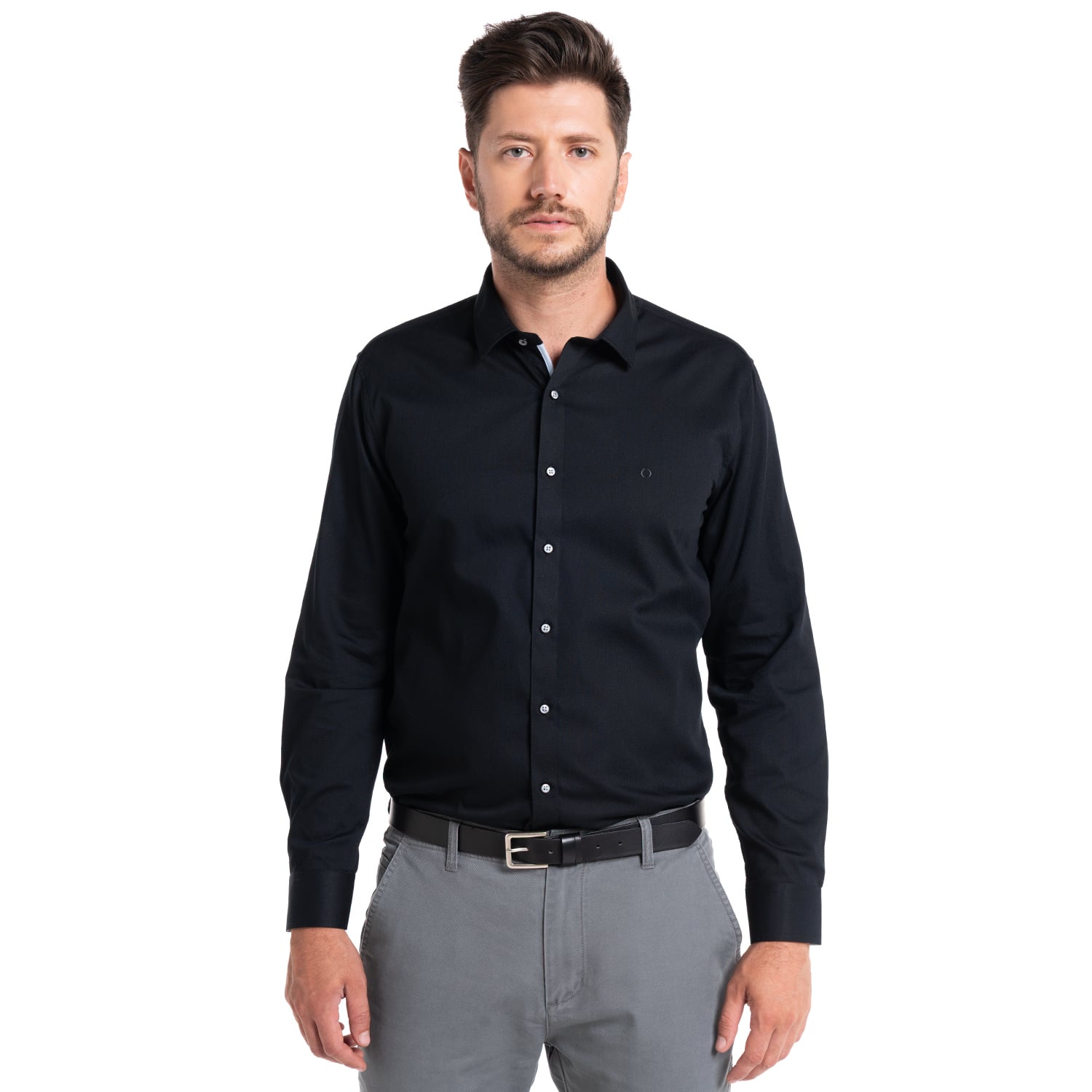CAMISA JACQUARD SANTILLANA HOMBRE MANGA LARGA | EN COLOR NEGRO - 1