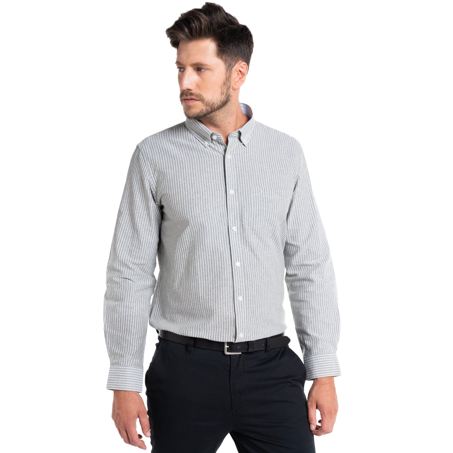 CAMISA OXFORD LISTADA BERGEN | VERDE MUSGO - 1