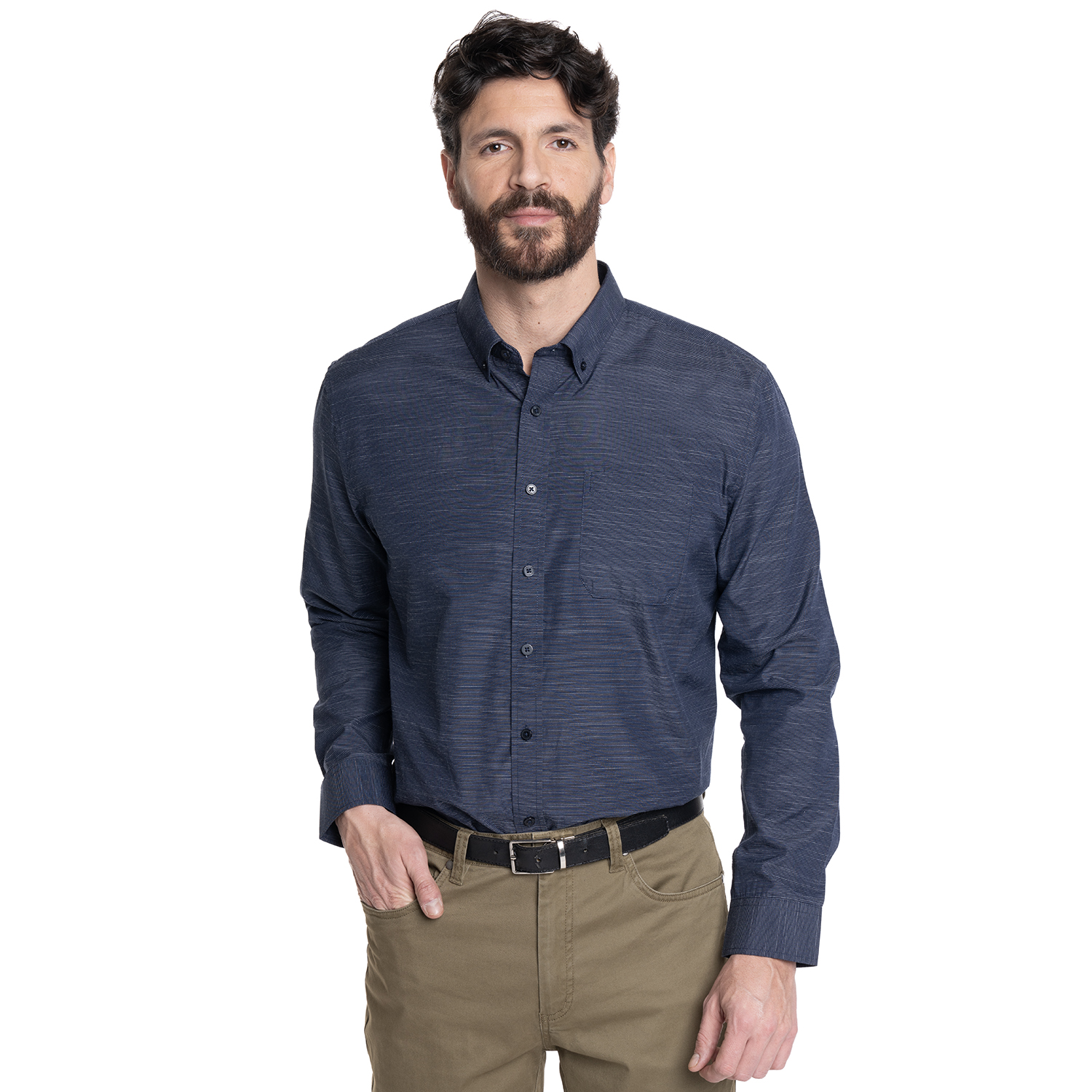 CAMISA HOMBRE CUELLO SEMI ITALIANO BOLSILLO PECHO COLOR SOLIDO | AZUL MARINO - 1