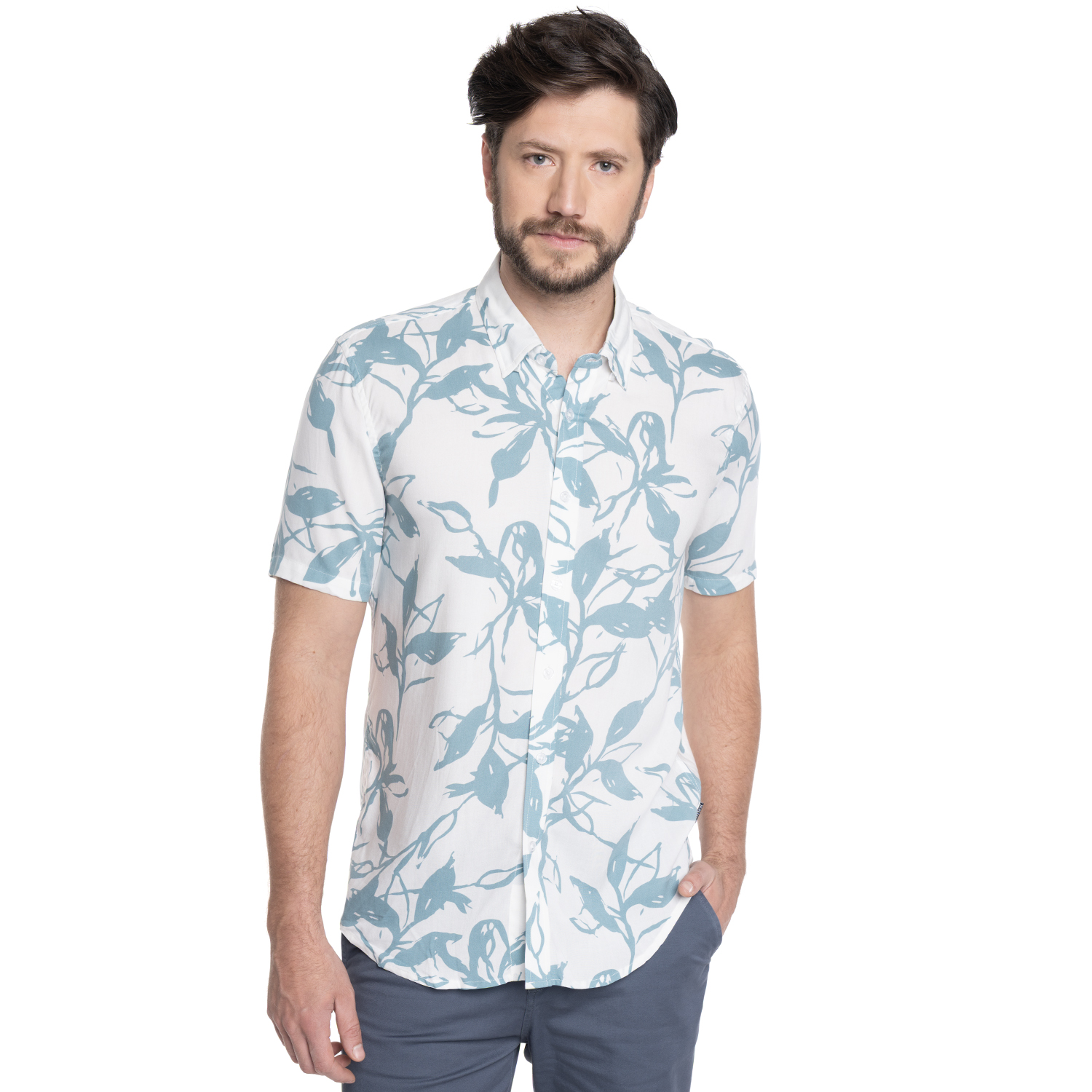 CAMISA HOMBRE MANGA CORTA VISCOSA ESTAMPADA MALLORCA | BLANCO - 1