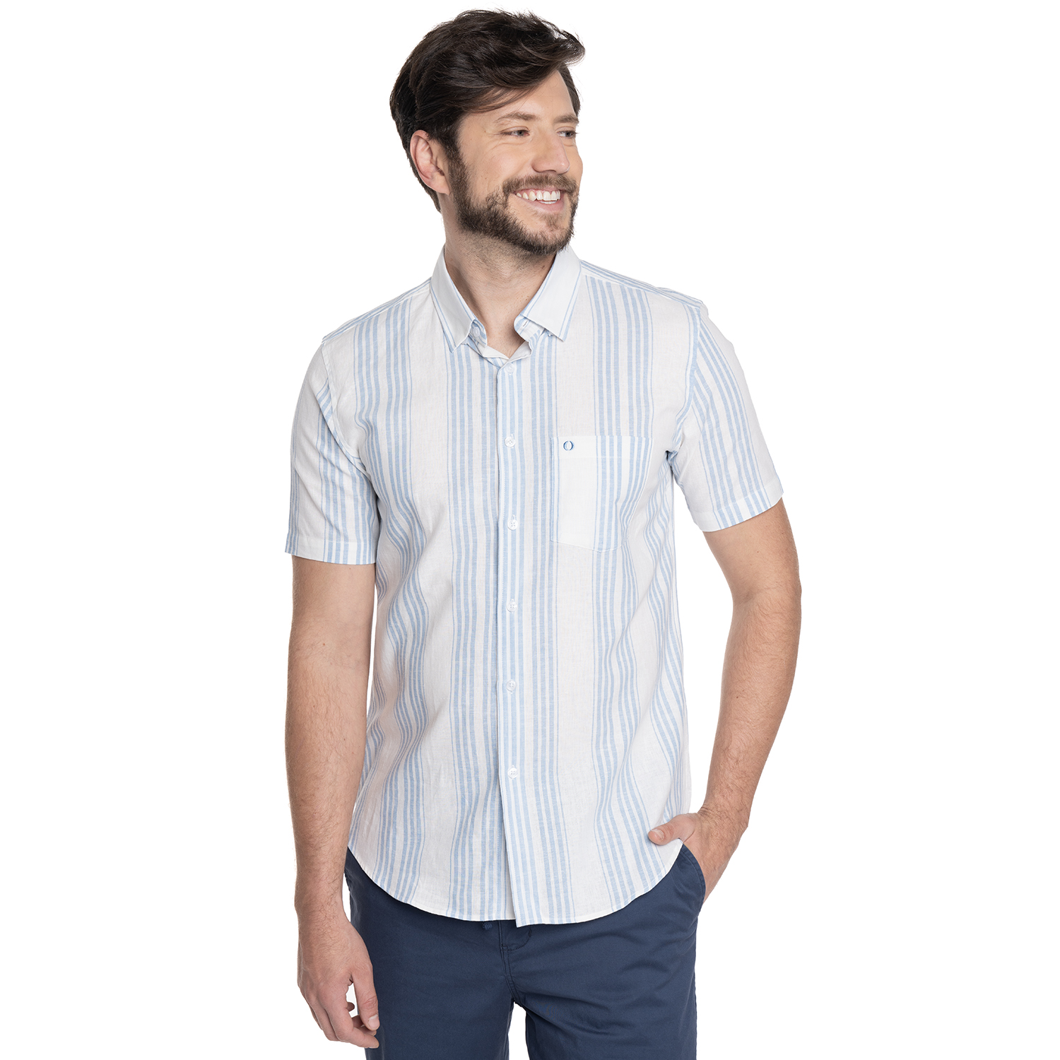 CAMISA HOMBRE MANGA CORTA LINO LISTADA CANTABRIA | CELESTE - 1