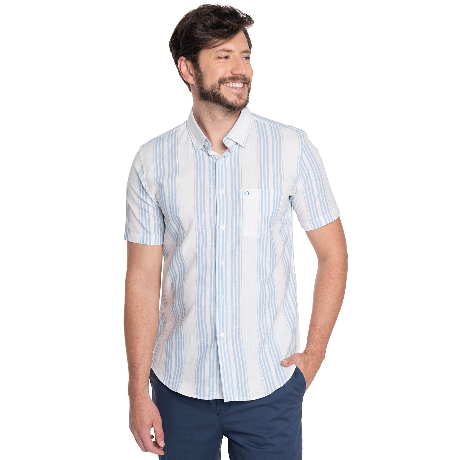 CAMISA HOMBRE MANGA CORTA LINO LISTADA CANTABRIA | CELESTE - 1