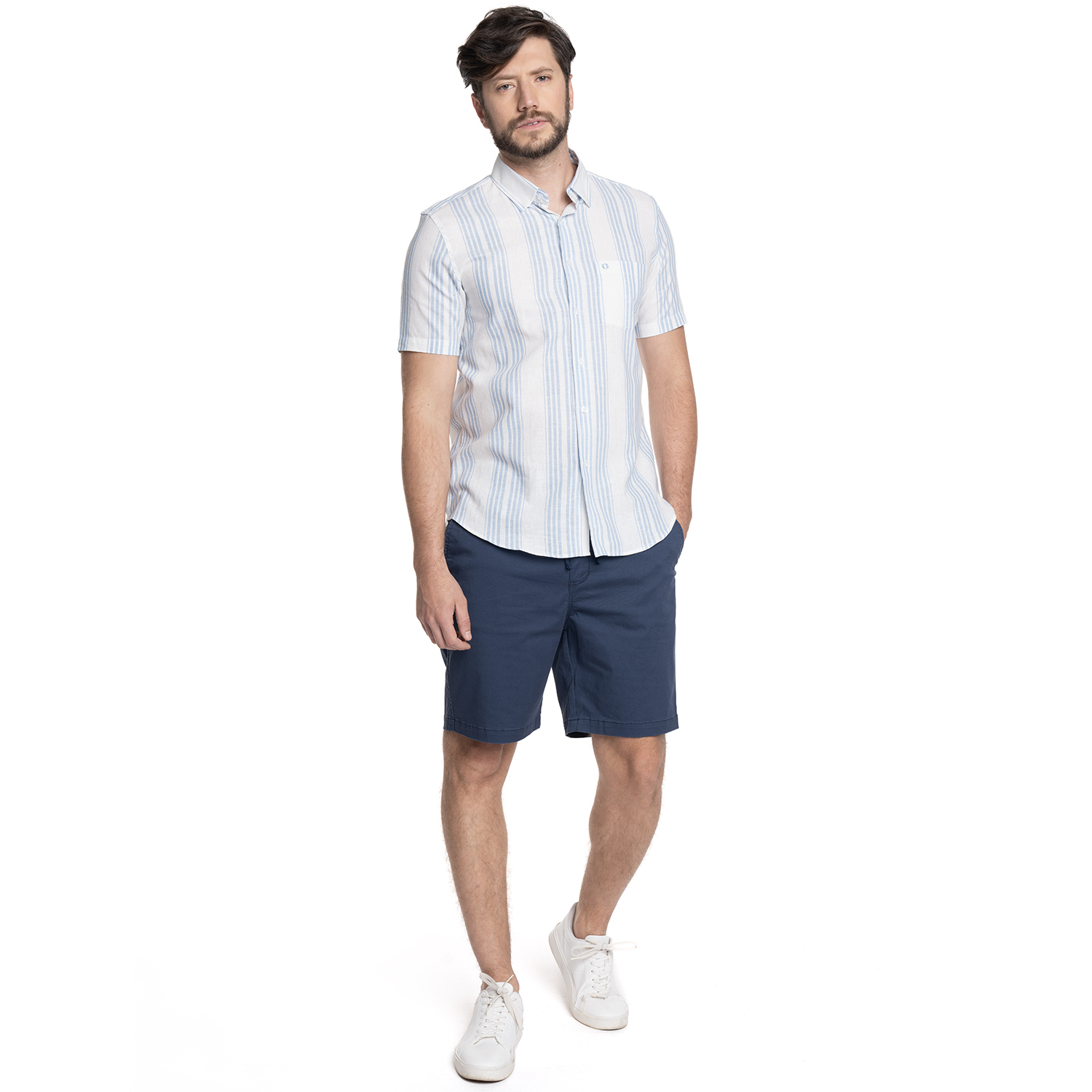 CAMISA HOMBRE MANGA CORTA LINO LISTADA CANTABRIA | CELESTE - 4