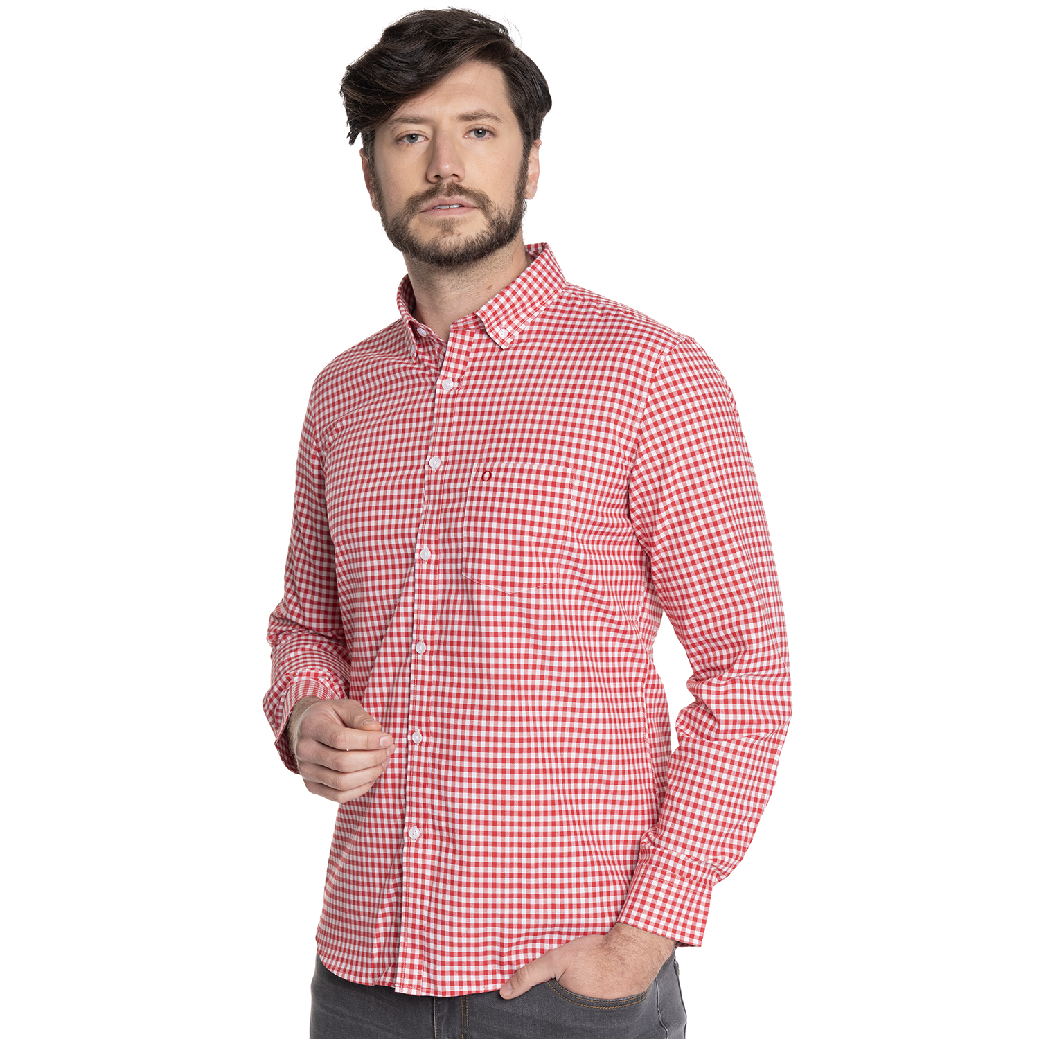 CAMISA HOMBRE CASUAL MANGA LARGA OXFORD CUADROS CORDOBA | ROJO - 1