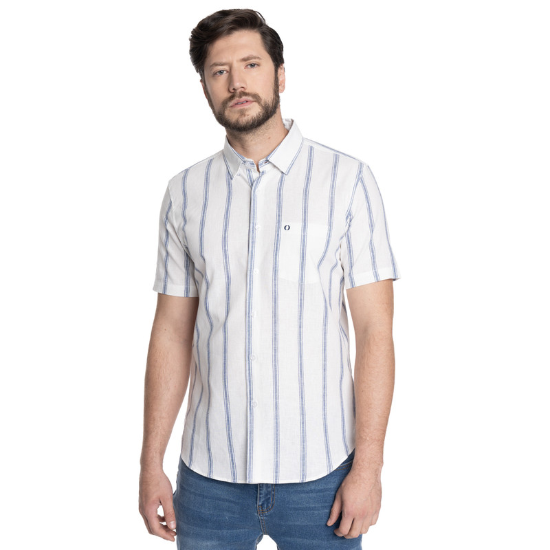 CAMISA HOMBRE MANGA CORTA LINO LISTADA CANTABRIA | AZUL - 1