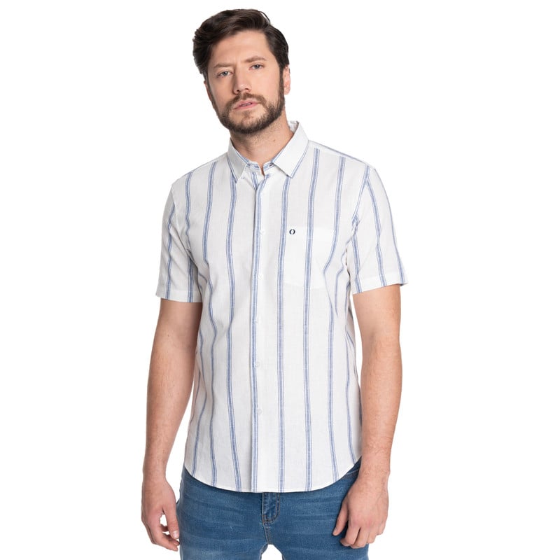 CAMISA HOMBRE MANGA CORTA LINO LISTADA CANTABRIA | AZUL - 1