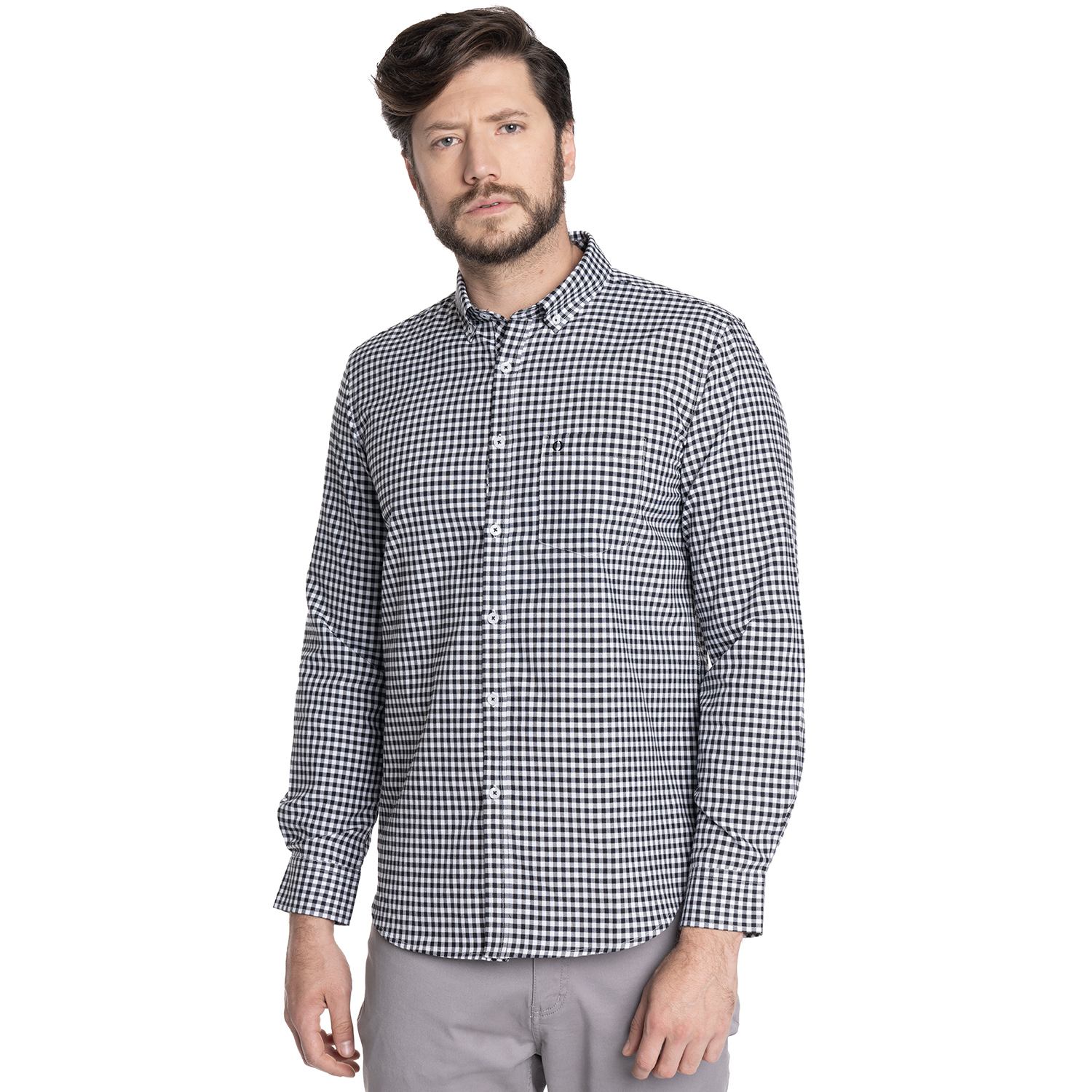 CAMISA HOMBRE CASUAL MANGA LARGA OXFORD CUADROS CORDOBA | NEGRO - 1