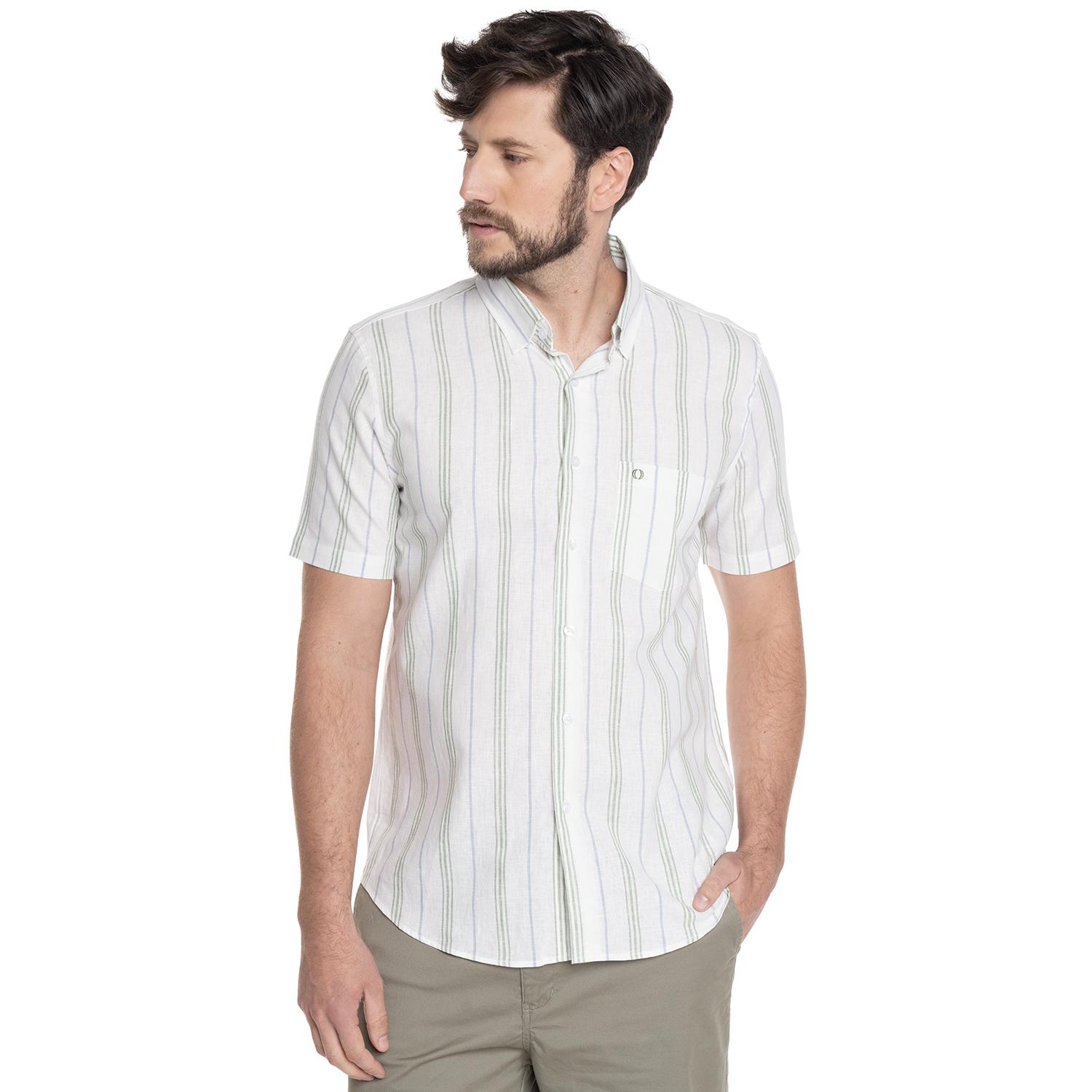 CAMISA HOMBRE MANGA CORTA LINO LISTADA CANTABRIA | VERDE - 1