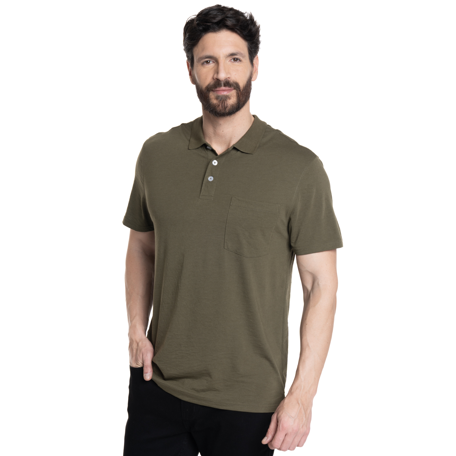 POLERA HOMBRE LISA CUELLO CAMISERO BOLSILLO PECHO | VERDE MUSGO - 1