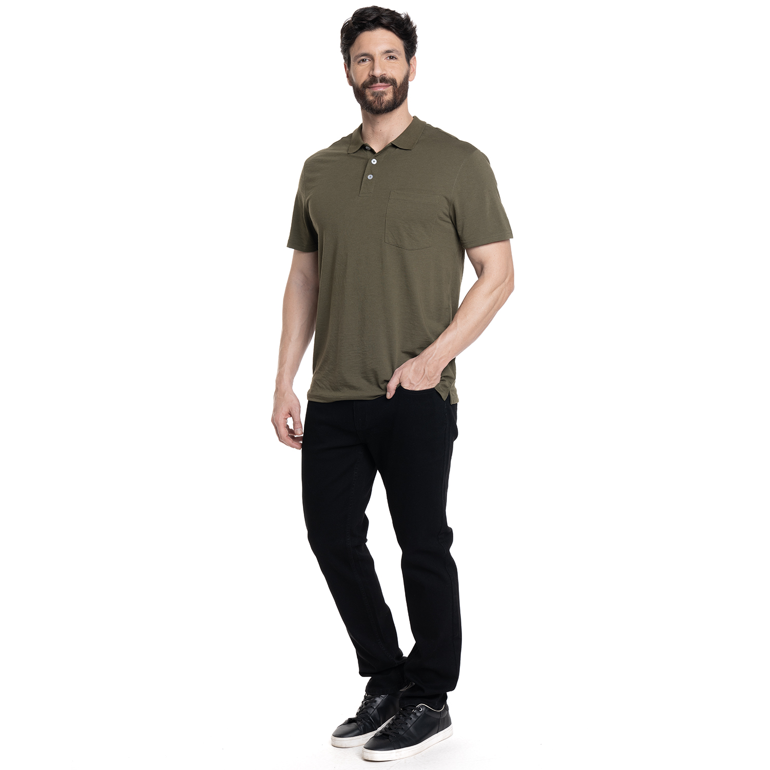POLERA HOMBRE LISA CUELLO CAMISERO BOLSILLO PECHO | VERDE MUSGO - 4