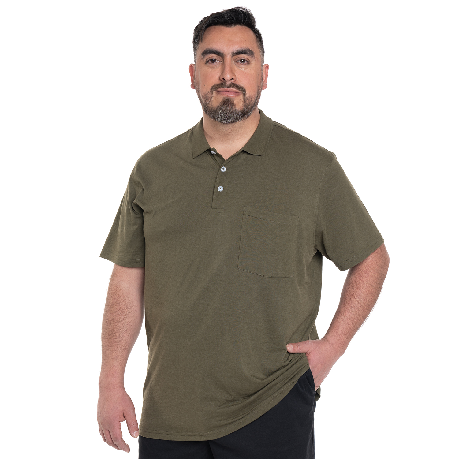 POLERA HOMBRE LISA CUELLO CAMISERO BOLSILLO PECHO | VERDE MUSGO - 5