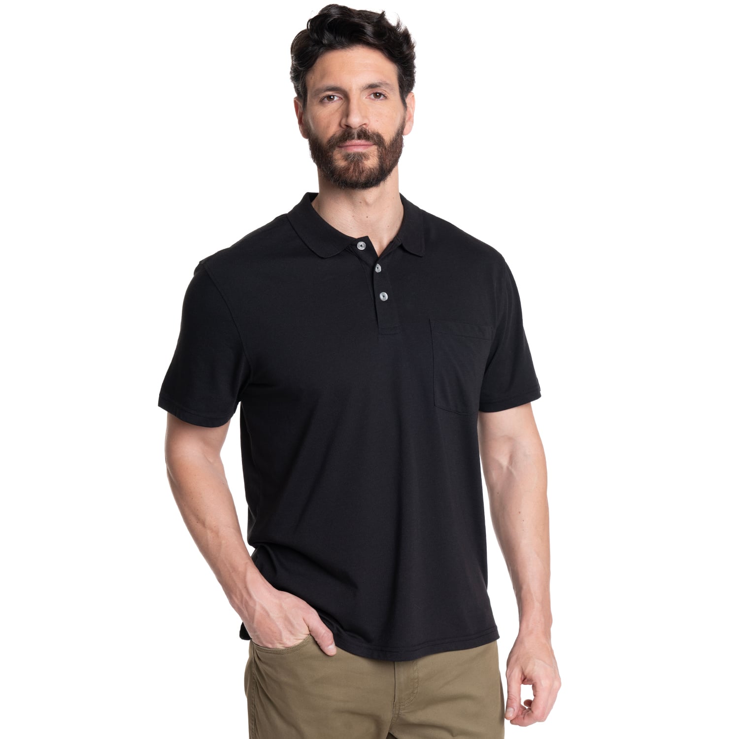 POLERA HOMBRE LISA CUELLO CAMISERO BOLSILLO PECHO | NEGRO - 1