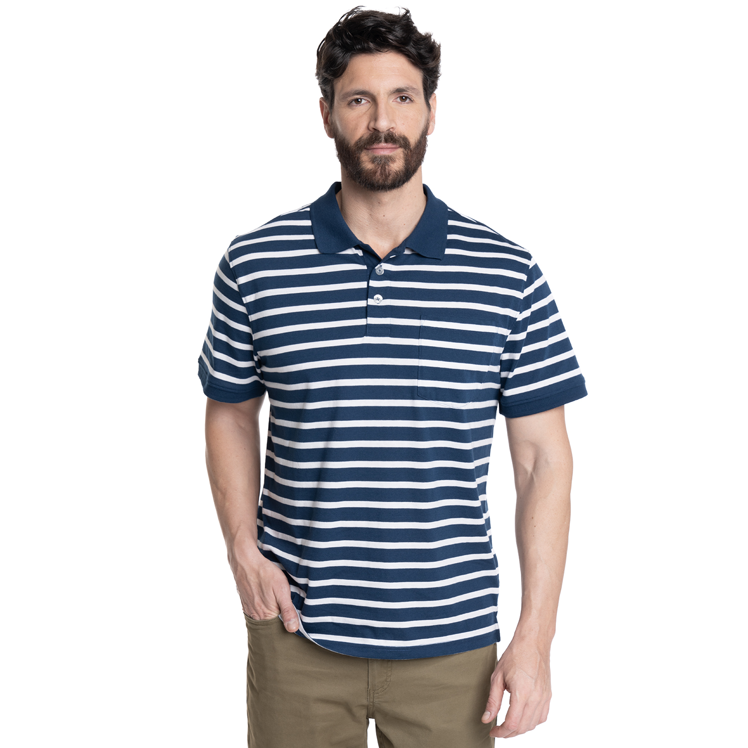 POLERA HOMBRE LISTADA CUELLO CAMISERO BOLSILLO PECHO | AZUL MARINO - 1