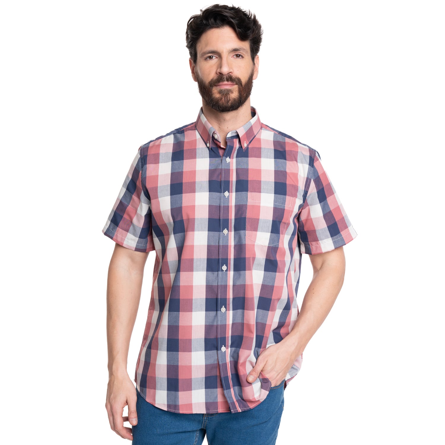 CAMISA HOMBRE MANGA CORTA FANTASIA PREMIUM CUELLO SEMI ITALIANO | ROSADO - 1