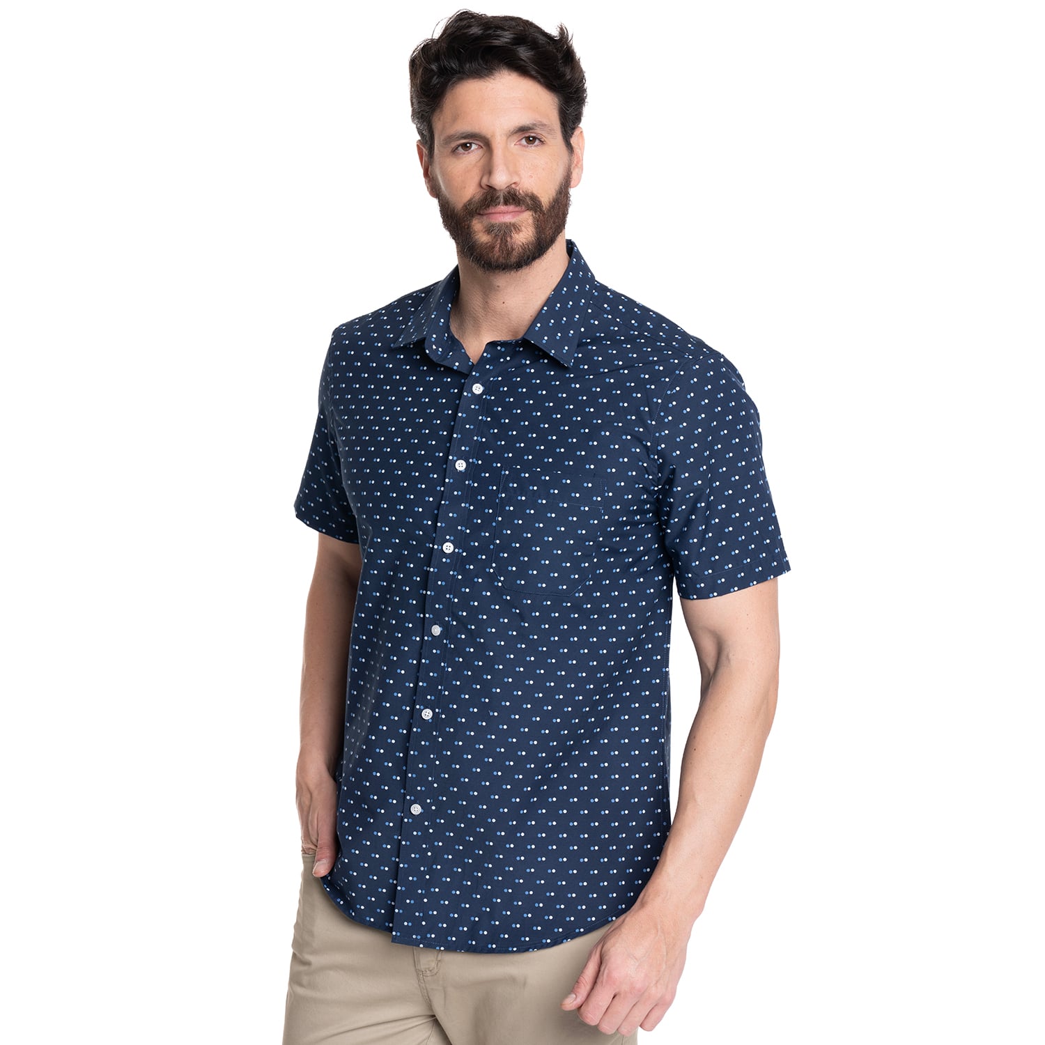 CAMISA HOMBRE MANGA CORTA FANTASIA ESTAMPADA CUELLO SEMI ITALIANO | AZUL MARINO - 1