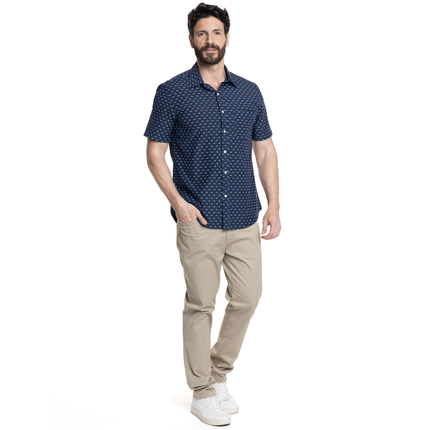 CAMISA HOMBRE MANGA CORTA FANTASIA ESTAMPADA CUELLO SEMI ITALIANO | AZUL MARINO - 4