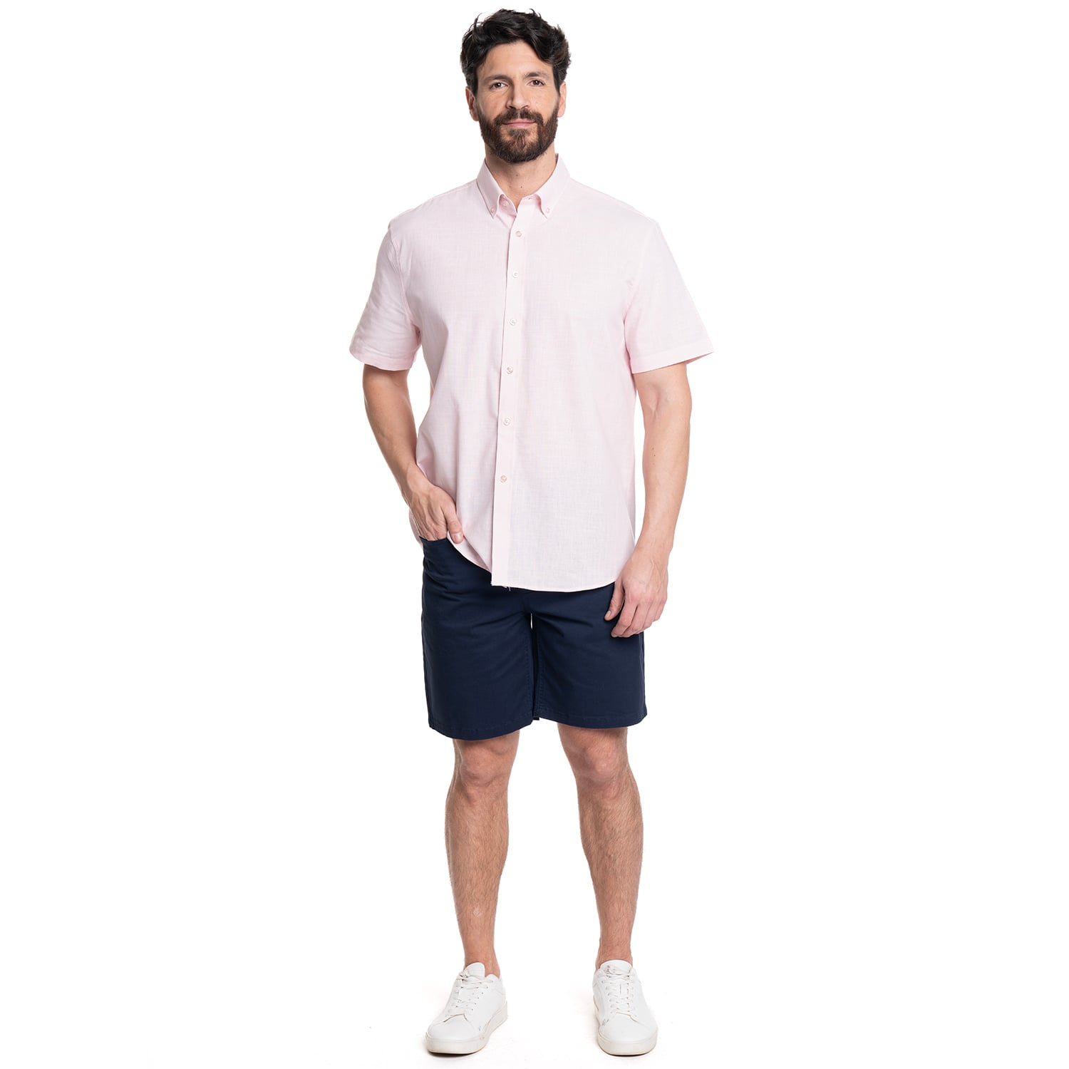CAMISA HOMBRE MANGA CORTA SLUB LOOK LINO CUELLO SEMI ITALIANO | ROSADO - 4