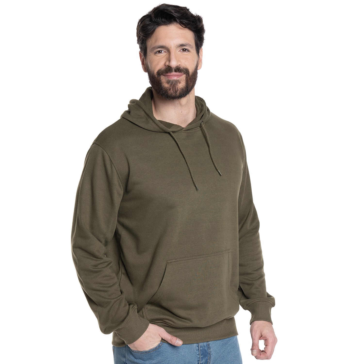 POLERON HOMBRE HOODIE PUÑOS Y CINTURA PRETINA | OLIVA CLARO - 1
