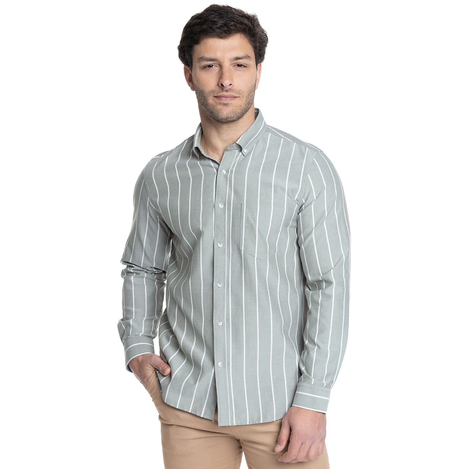CAMISA HOMBRE MANGA LARGA OXFORD LISTADA | VERDE - 1