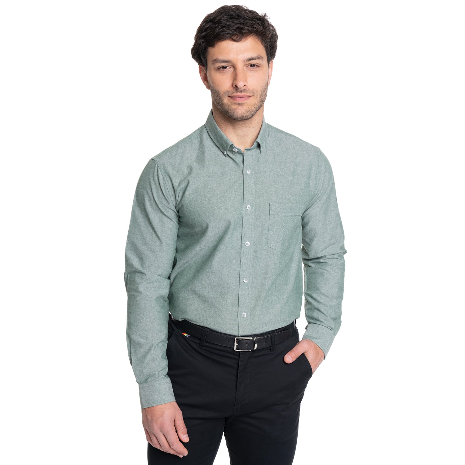 CAMISA HOMBRE MANGA LARGA CUELLO SEMI ITALIANO CHAMBRAY | VERDE - 1