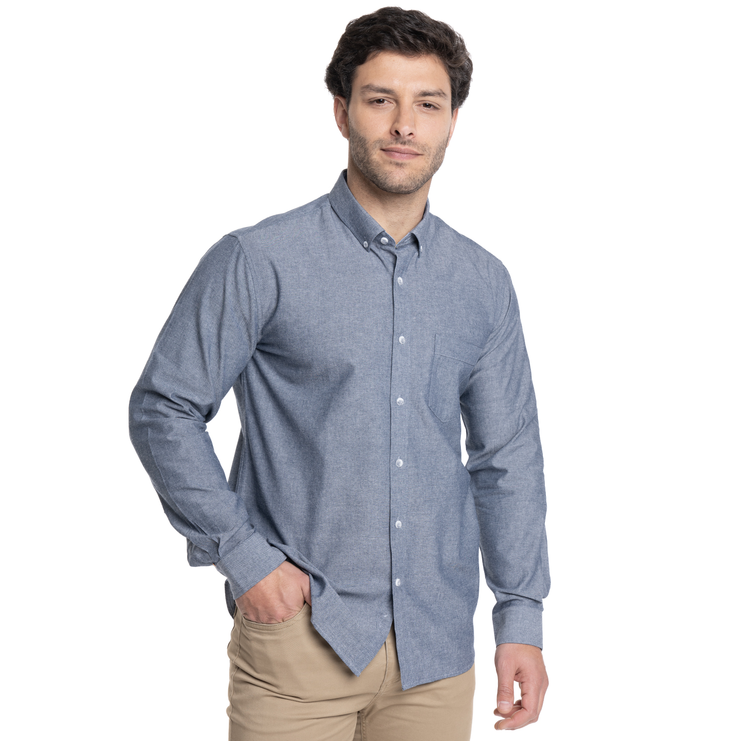 CAMISA HOMBRE MANGA LARGA CUELLO SEMI ITALIANO CHAMBRAY | AZUL - 1
