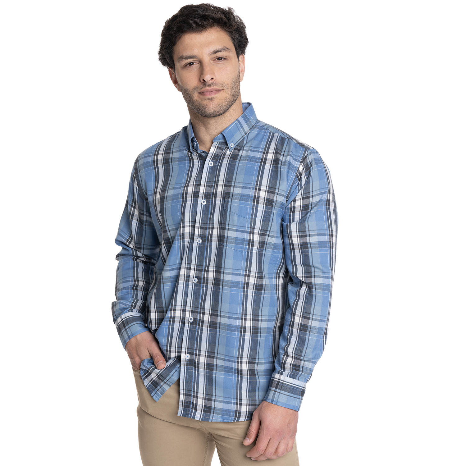 CAMISA HOMBRE MANGA LARGA TREVIRA CUADROS | CELESTE - 1