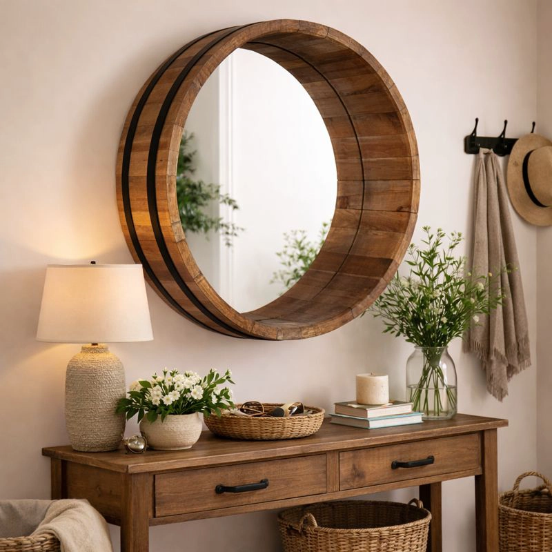 ESPEJO MEYA MUEBLES HEBEI PARED CIRCULAR ESTILO BARRIL MADERA - 2