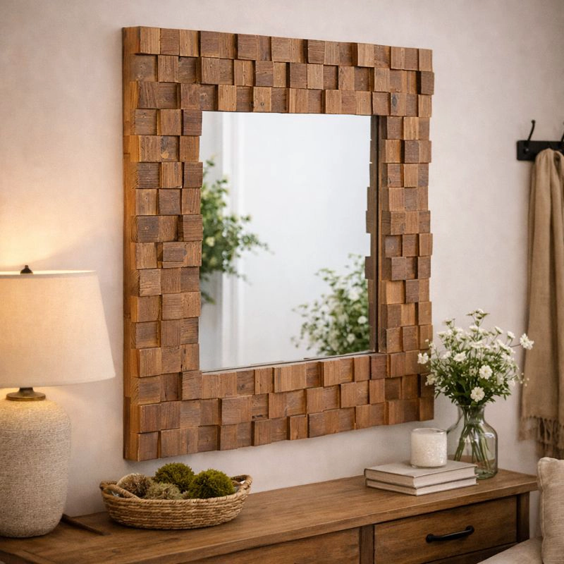 ESPEJO MEYA MUEBLES MORAN CUADRADO PARED ESTILO MOSAICO MADERA - 2