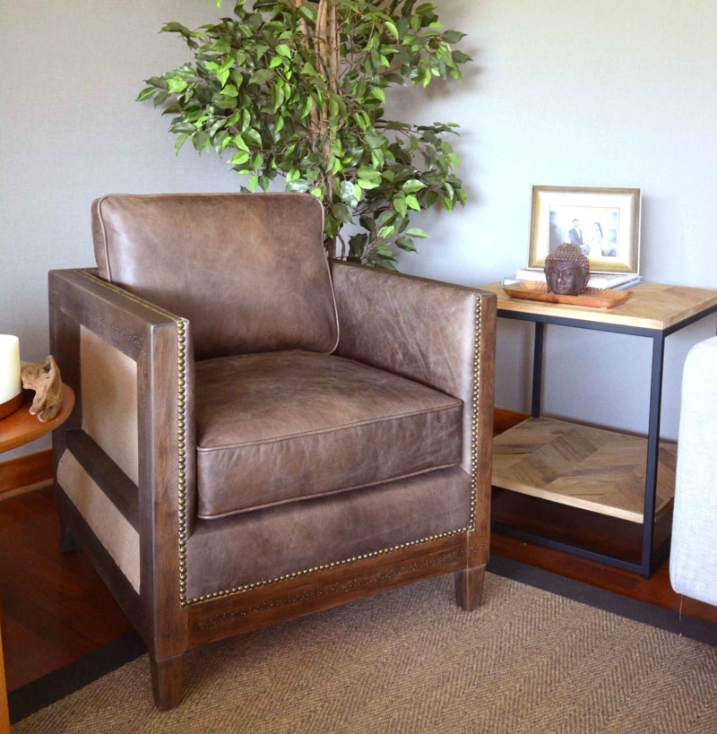 SITIAL MEYA MUEBLES TAROKO MADERA ROBLE CUERO CAFE - 2