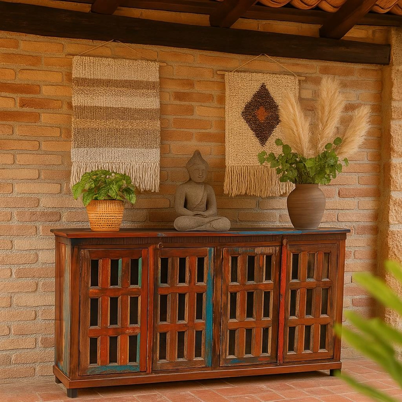 BUFFET MEYA MUEBLES MADERA CAFÉ BENGALA RECICLADA Y VIDRIO 105X180X40 - 2
