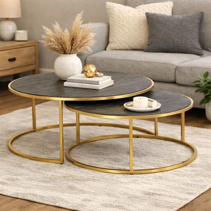 SET 2 MESAS CENTRO MEYA MUEBLES NORMAN MADERA OLMO Y ACERO - 2