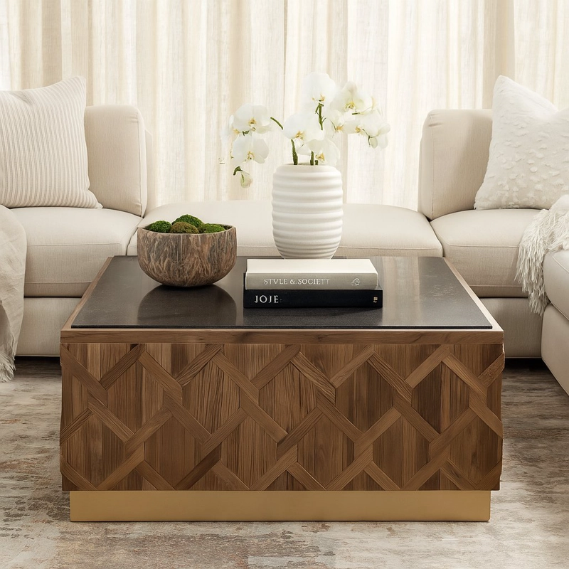 MESA CENTRO MEYA MUEBLES GURUN CUADRADA DEOLMO Y MARMOL MADERA - 2