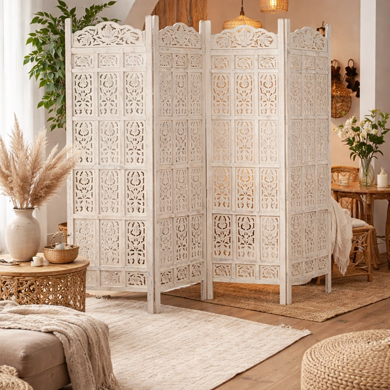 BIOMBO DE MADERA TALLADO BLANCO - MEYA MUEBLES - 2