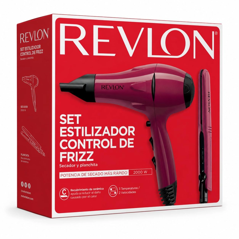KIT SECADOR DE CABELLO REVLON RVBDR5230LA2 2000 W + ALISADOR PREMIUM PACK CERAMIC - 2