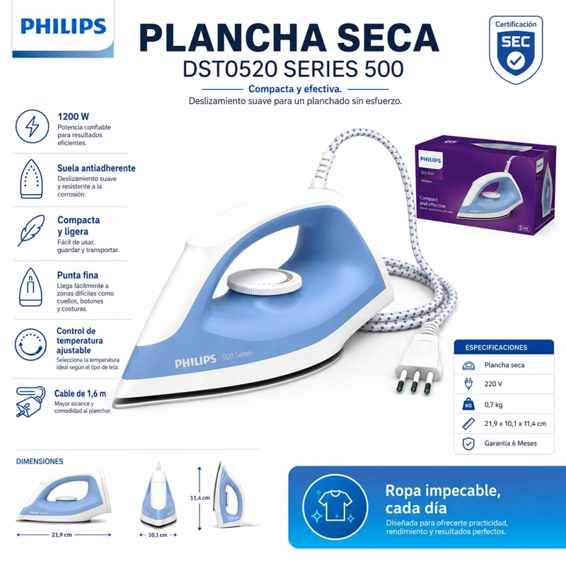 PLANCHA PHILIPS ROPA DRY IRON DST0520 SERIE 500 1200W - 6