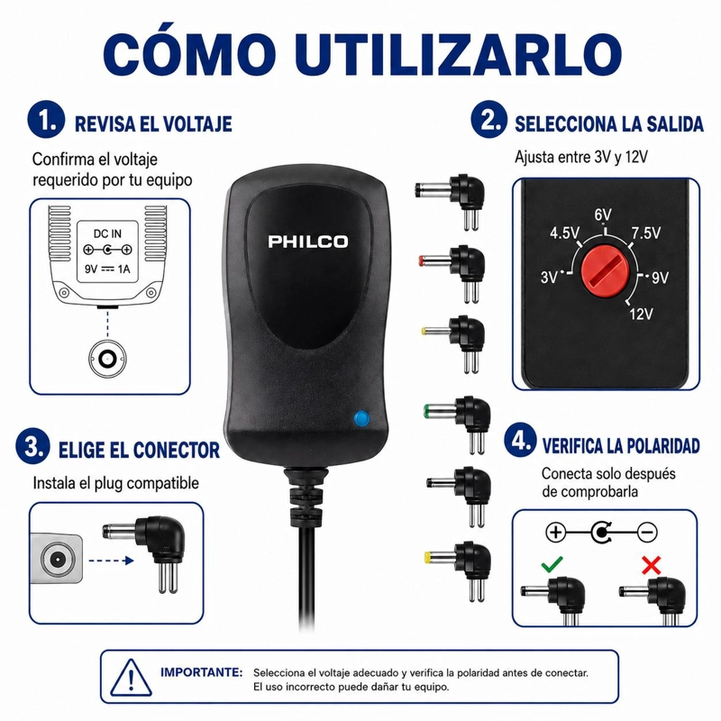 ELIMINADOR DE PILAS PHILCO 1.2 AMPERES + 6 CONECTORES UNIVERSALES - 3