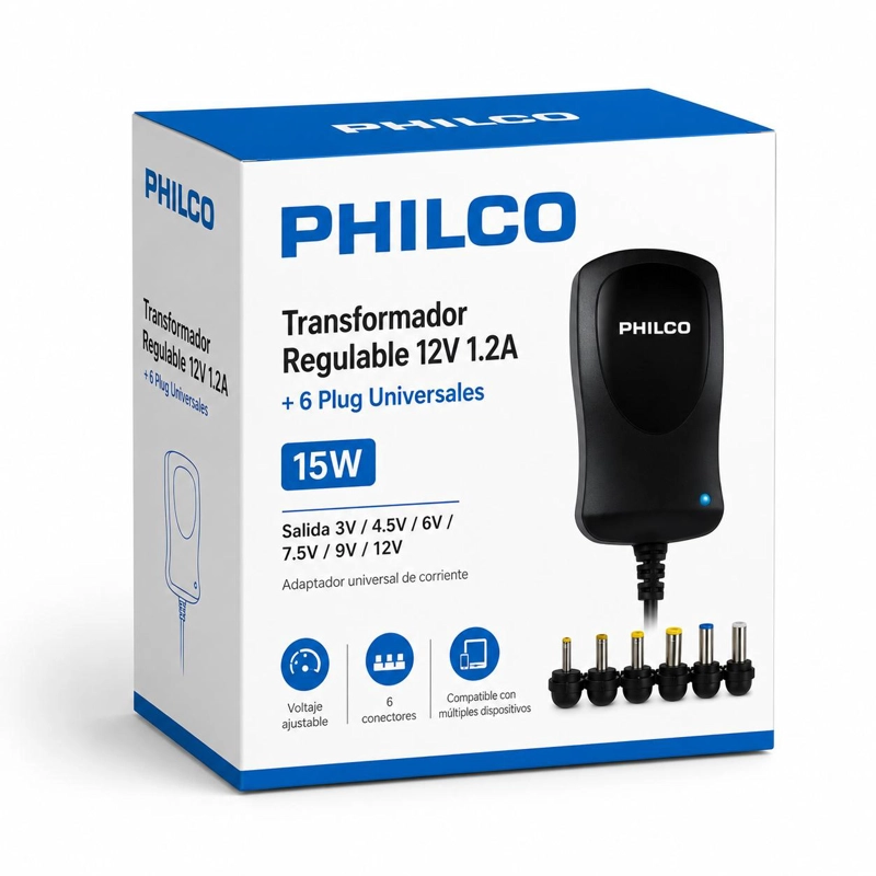 ELIMINADOR DE PILAS PHILCO 1.2 AMPERES + 6 CONECTORES UNIVERSALES - 8