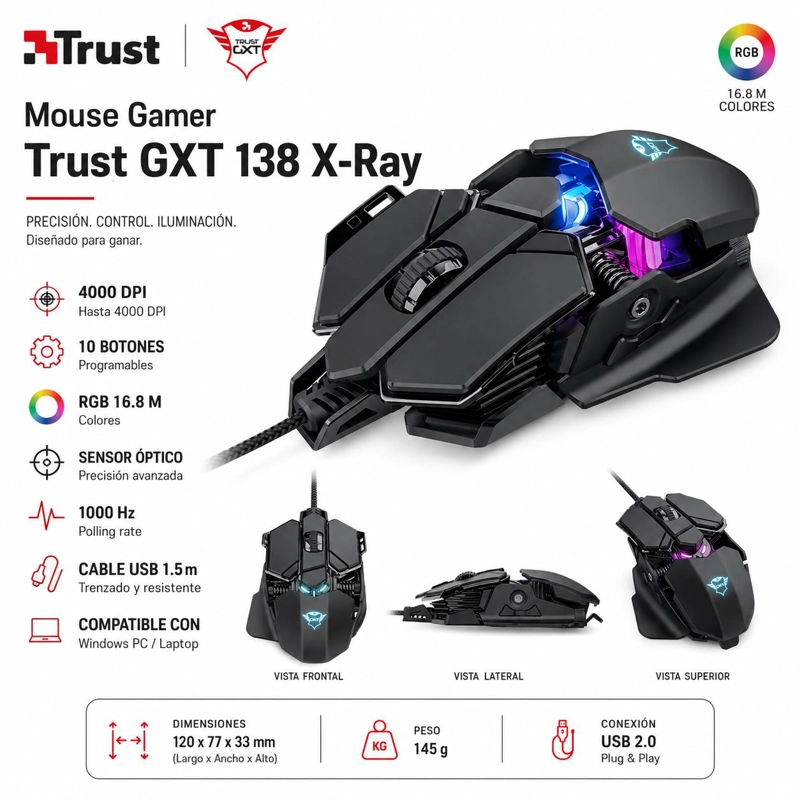 MOUSE TRUST GAMER GXT 138 X-RAY FULL RGB 10 BOTONES - 6