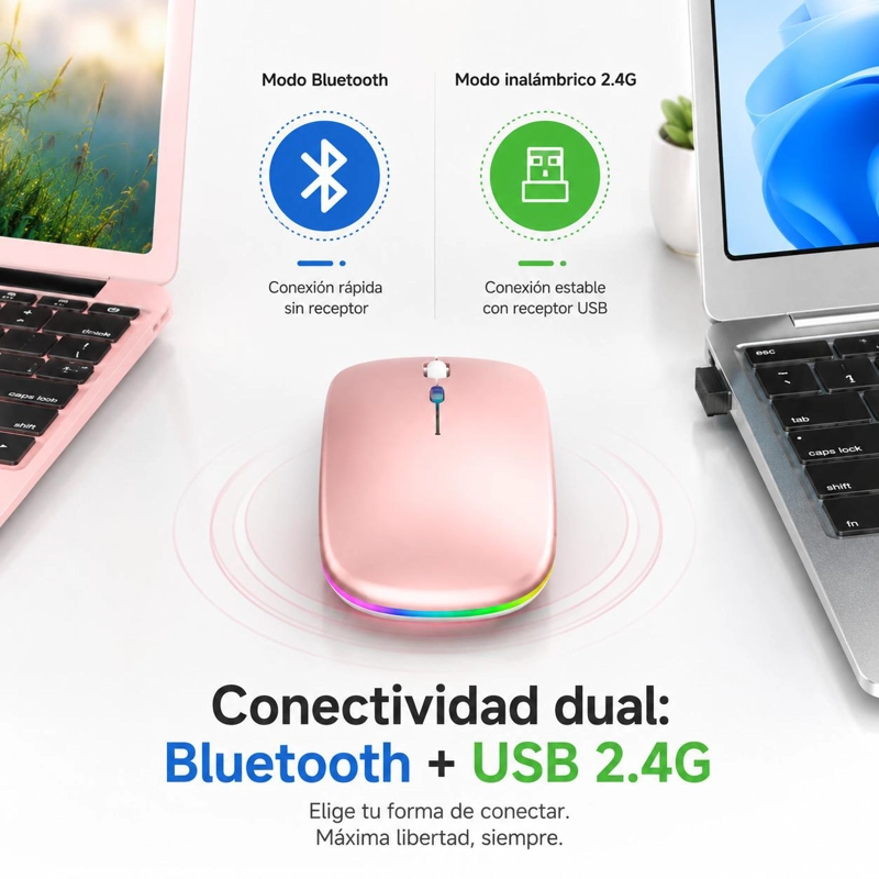 MOUSE INALÁMBRICO TECMASTER DUAL ROSADO RECARGABLE BLUETOOTH + USB 2G 100516-PINK - 6