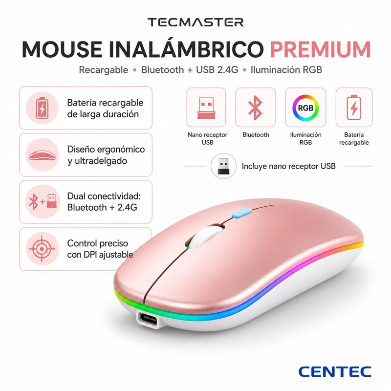 MOUSE INALÁMBRICO TECMASTER DUAL ROSADO RECARGABLE BLUETOOTH + USB 2G 100516-PINK - 8