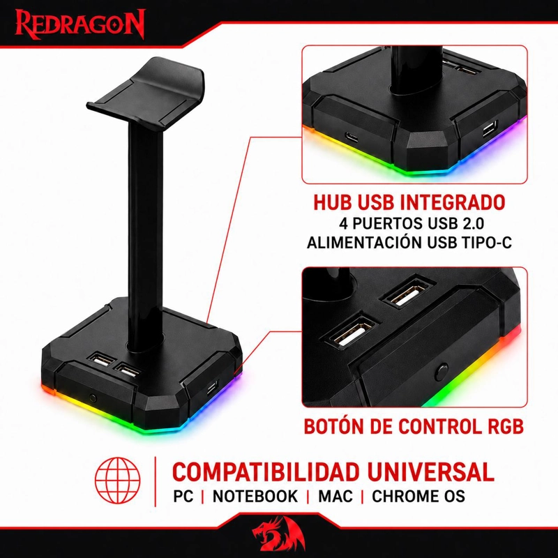 SOPORTE PARA AUDIFONOS REDRAGON SCEPTER CON HUB USB FULL RGB - 7
