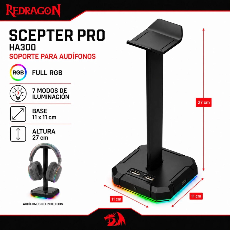 SOPORTE PARA AUDIFONOS REDRAGON SCEPTER CON HUB USB FULL RGB - 8