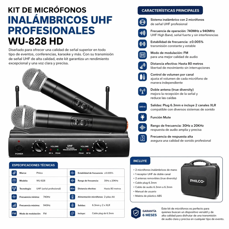 KIT DE MICRÓFONOS PHILCO WU-828 INALÁMBRICOS UHF PROFESIONALES HD - 5