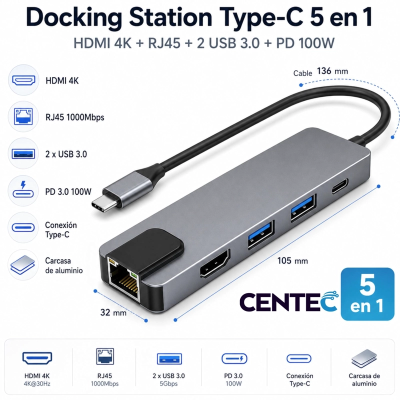 DOCKING STATION TECMASTER TYPE-C 100W + HDMI 4K + ETHERNET + HUB USB 3.0 - 7