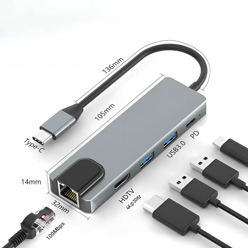 DOCKING STATION TECMASTER TYPE-C 100W + HDMI 4K + ETHERNET + HUB USB 3.0 - 9