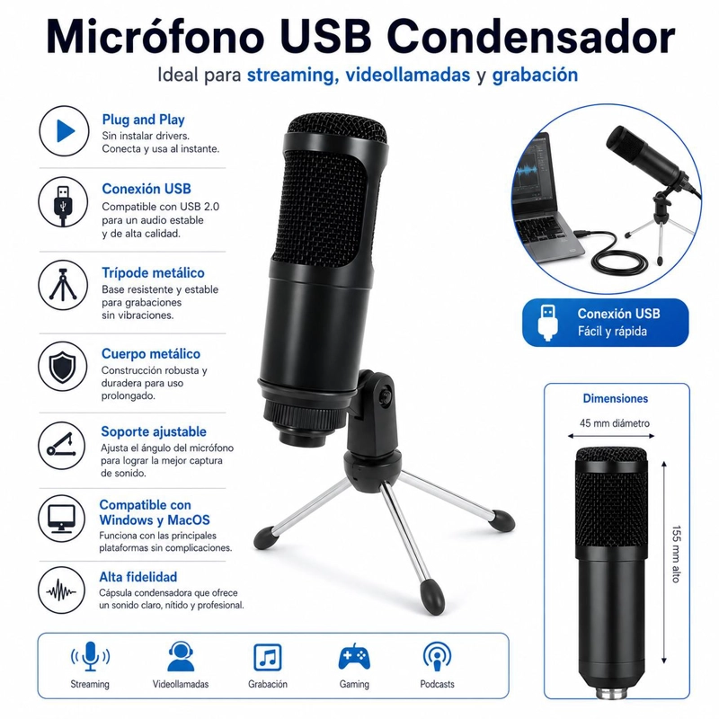 MICRÓFONO PHILCO 31623 STREAMING USB CONDENSADOR DE ESTUDIO C/ TRÍPODE - 8