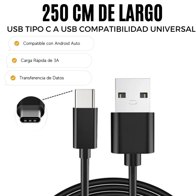 CABLE DE DATOS USB-C A USB-A MULTIPLATAFORMAS 2.5 METROS 3A - 8
